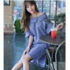 Striped Elbow-sleeve Loose Fit Shirt Dress