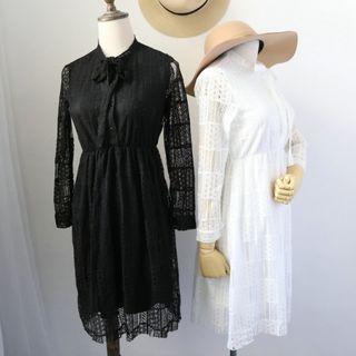 Long-sleeve Lace Pleated Midi Dress