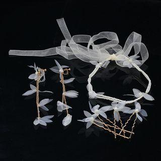 Wedding Set: Faux Pearl Mesh Hair Tie + Hair Stick + Dangle Earring Set Of 3 - Hair Tie & Hair Stick & 1 Pair - Dangle Earring - Clip-on Earring - As Shown In Figure - One Size