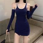 Set: Spaghetti Strap Contrast Trim Mini Dress + Arm Sleeves Blue - One Size