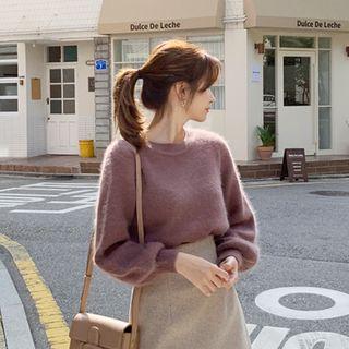 Bishop-sleeve Wool Blend Fluffy Sweater Purple - One Size