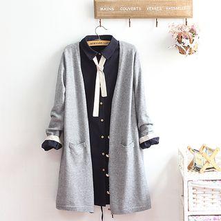 Set: Contrast Trim Shirt Dress + Long Cardigan