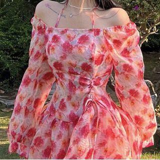 Cold-shoulder Floral Print Drawstring A-line Dress