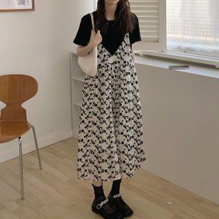 Spaghetti Strap Floral Midi A-line Dress / Plain T-shirt