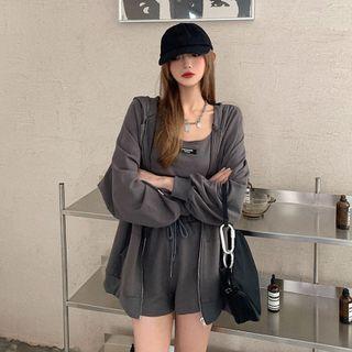 Sleeveless Cropped Top / Drawstring Waist Sweatshorts / Plain Hooded Zip Jacket