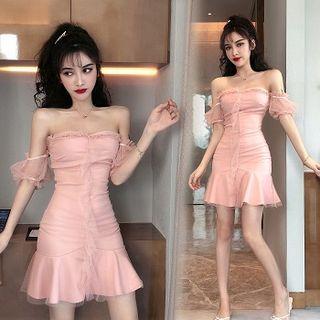 Off-shoulder Ruffle Hem Mini Sheath Dress