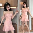 Off-shoulder Ruffle Hem Mini Sheath Dress