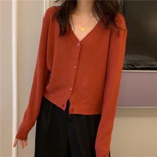Long-sleeve V-neck Plain Loose Fit Cardigan