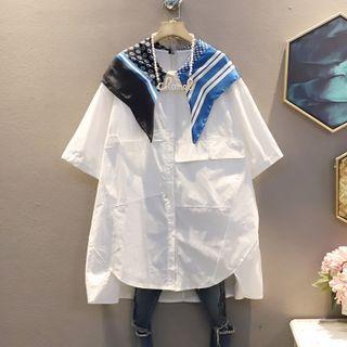 Short-sleeve Mock Two-piece Print Shawl Shirt