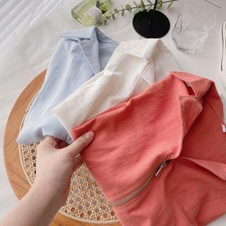 Short-sleeve Zip Plain Top