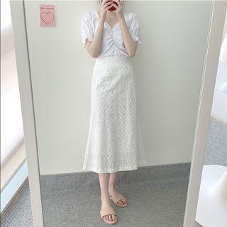 Square-neck Puff-sleeve Blouse / Lace Midi A-line Skirt
