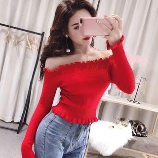 Off-shoulder Ruffle Hem Ribbed Knit Top