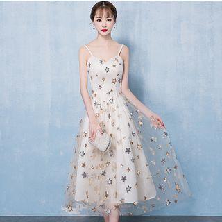 Spaghetti Strap Embroidered A-line Midi Prom Dress