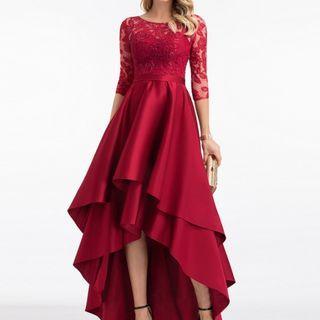 Elbow-sleeve Lace Panel Asymmetrical A-line Evening Gown