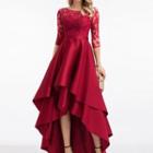 Elbow-sleeve Lace Panel Asymmetrical A-line Evening Gown