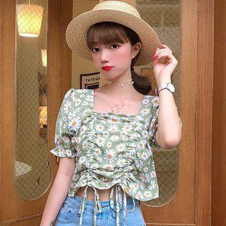 Short-sleeve Floral Print Drawstring Chiffon Crop Top
