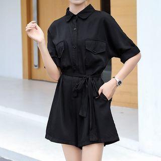 Elbow-sleeve Drawstring Playsuit Black - One Size