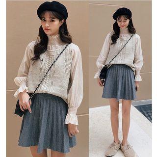 Stand Collar Blouse / V-neck Knit Vest / Mini A-line Pleated Skirt / Set
