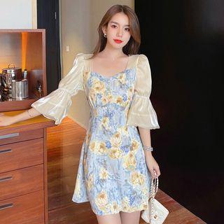 3/4-sleeve Floral Print Panel Mini Dress / Midi Dress
