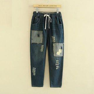 Drawstring Washed Distressed Applique Jeans