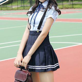 Set: Plain Short-sleeve Shirt + Pleated Skirt + Neck Tie + Suspender