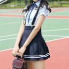 Set: Plain Short-sleeve Shirt + Pleated Skirt + Neck Tie + Suspender