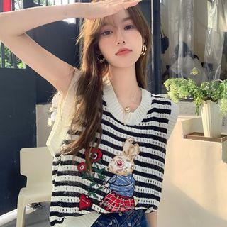 Sleeveless Striped Rabbit Embroidered Pointelle Knit Top
