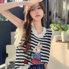 Sleeveless Striped Rabbit Embroidered Pointelle Knit Top