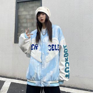 Tie-dye Heart Panel Baseball Jacket