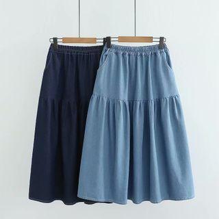 Elastic-waist Cargo A-line Denim Skirt