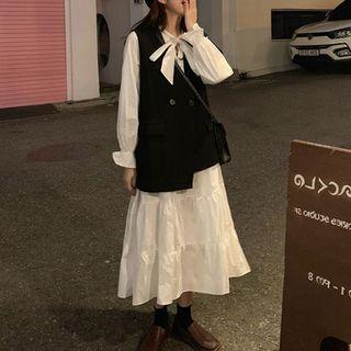 Double-breasted Vest / Tie-neck Puff-sleeve Midi A-line Dress