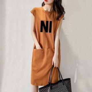 Cap-sleeve Lettering Midi T-shirt Dress