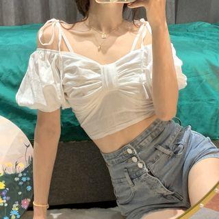 Cold-shoulder Cropped Blouse White - One Size