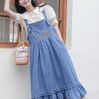 Ruffled Hem Denim Mini A-line Overall Dress / Puff-sleeve Collar Blouse
