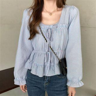 Plaid Ruched Peplum Blouse