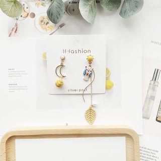 Non-matching Alloy Owl Leaf & Moon Dangle Earring 1 Pair - As Shown In Figure - One Size