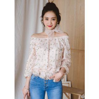 Off-shoulder Flower Embroidered Tulle Top