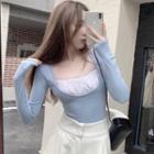 Long-sleeve Mesh Panel Knit Top Top - Blue - One Size