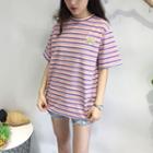 Rainbow Embroidered Striped Elbow-sleeve T-shirt