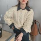 Long-sleeve Plaid Shirt / Plain Cable Knit Sweater