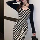 Long-sleeve Checkerboard Sheath Dress