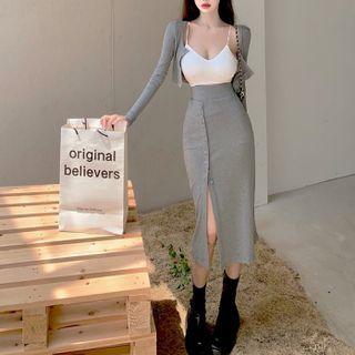Set: Asymmetrical Button-up Crop Knit Top + Slited Midi Skirt