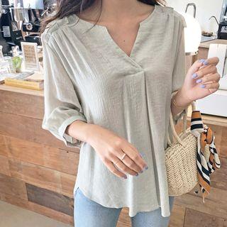 Notched-neckline Crinkled Blouse Light Khaki - One Size