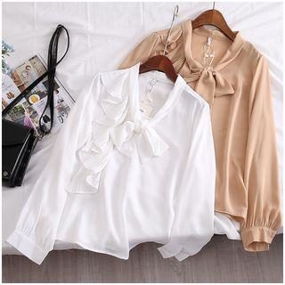 Long-sleeve Tie-waist Ruffle-trim Blouse White - M