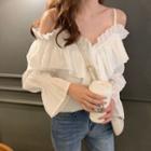 Cold-shoulder Ruffled Bell-sleeve Blouse White - One Size