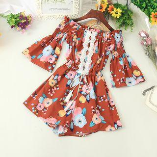 Flower Print Lace Trim Off-shoulder Playsuit