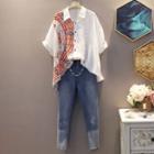 Set: Elbow-sleeve Printed Shirt + Tapered Jeans