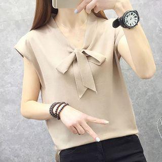 Cap-sleeve Tie-neck Knit Top
