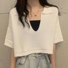 Elbow-sleeve Split-neck Knit Top