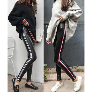Faux-leather Striped Trim Skinny Pants